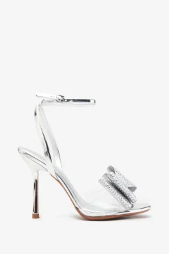Bowing | Silver Metallic Heeled Sandals With Diamante Bows