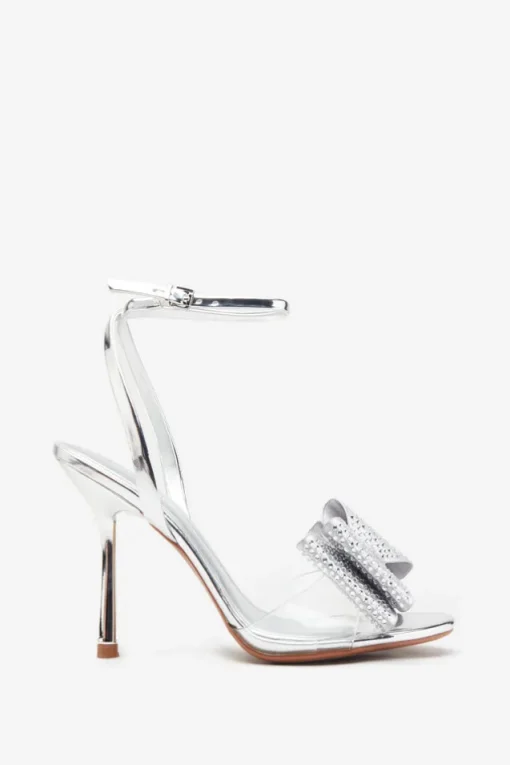 Bowing | Silver Metallic Heeled Sandals With Diamante Bows