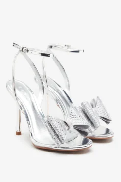 Bowing | Silver Metallic Heeled Sandals With Diamante Bows