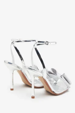 Bowing | Silver Metallic Heeled Sandals With Diamante Bows