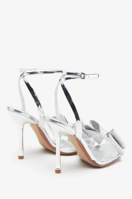 Bowing | Silver Metallic Heeled Sandals With Diamante Bows