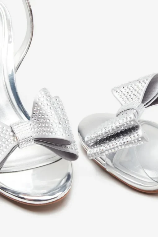 Bowing | Silver Metallic Heeled Sandals With Diamante Bows
