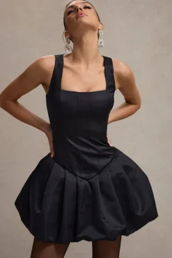Bramble | Black Satin Square-Neck Puffball Mini Dress
