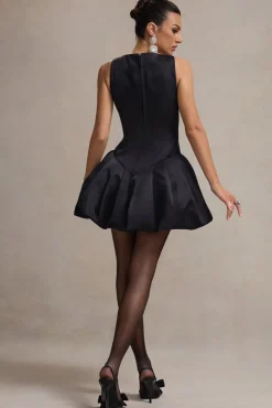 Bramble | Black Satin Square-Neck Puffball Mini Dress