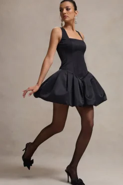 Bramble | Black Satin Square-Neck Puffball Mini Dress