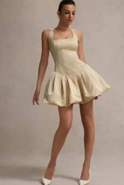 Bramble | Ivory Satin Square-Neck Puffball Mini Dress