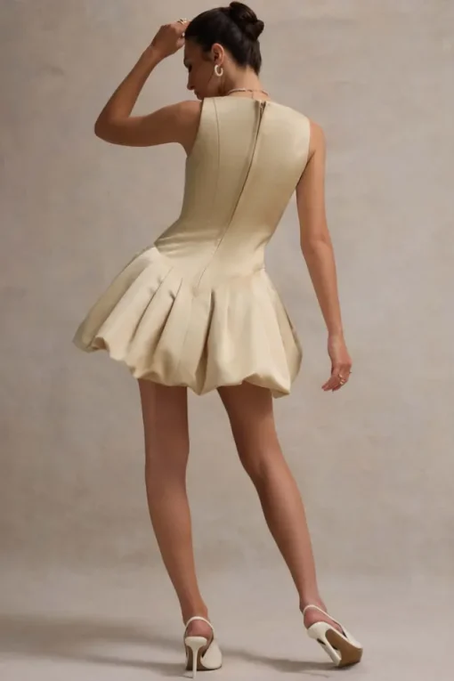 Bramble | Ivory Satin Square-Neck Puffball Mini Dress