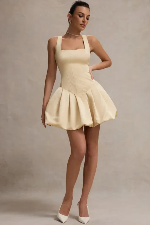 Bramble | Ivory Satin Square-Neck Puffball Mini Dress
