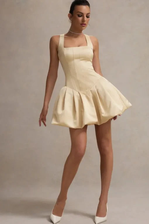 Bramble | Ivory Satin Square-Neck Puffball Mini Dress