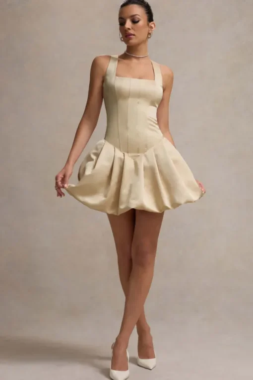 Bramble | Ivory Satin Square-Neck Puffball Mini Dress