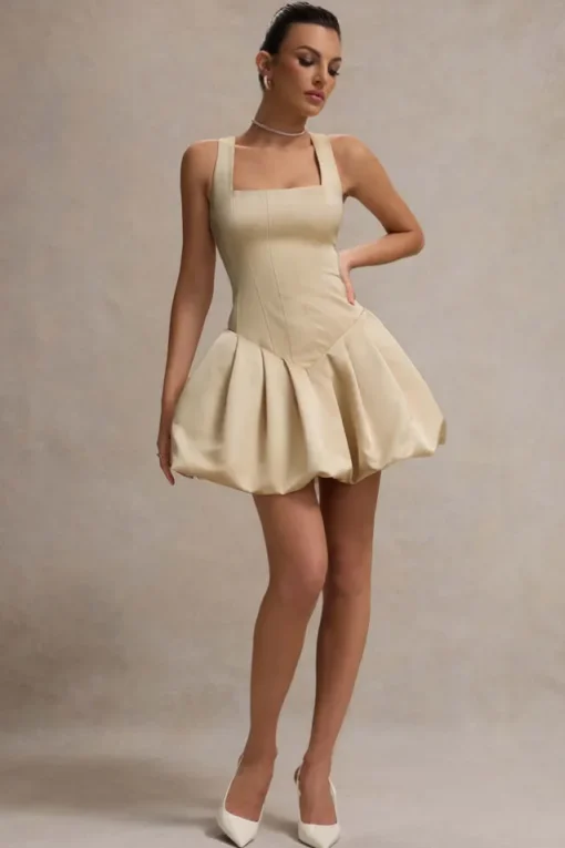 Bramble | Ivory Satin Square-Neck Puffball Mini Dress
