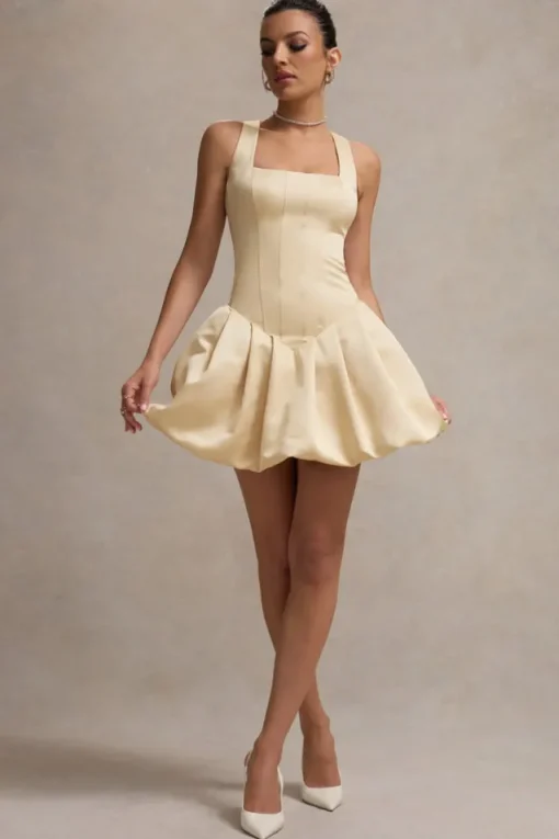 Bramble | Ivory Satin Square-Neck Puffball Mini Dress