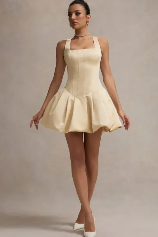 Bramble | Ivory Satin Square-Neck Puffball Mini Dress