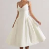 Breathless | Cream Linen Strappy V-Neck Pleated Midi Dress