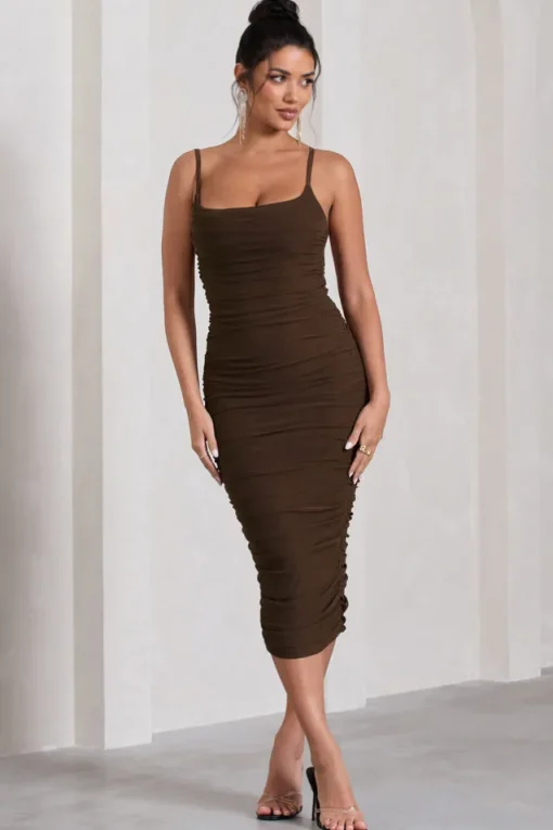Bree | Chocolate Ruched Mesh Strappy Bodycon Midi Dress
