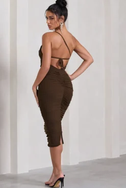Bree | Chocolate Ruched Mesh Strappy Bodycon Midi Dress