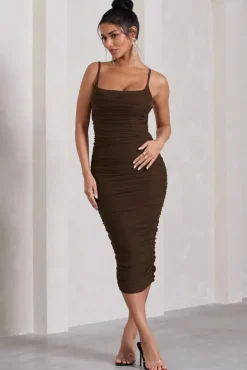 Bree | Chocolate Ruched Mesh Strappy Bodycon Midi Dress