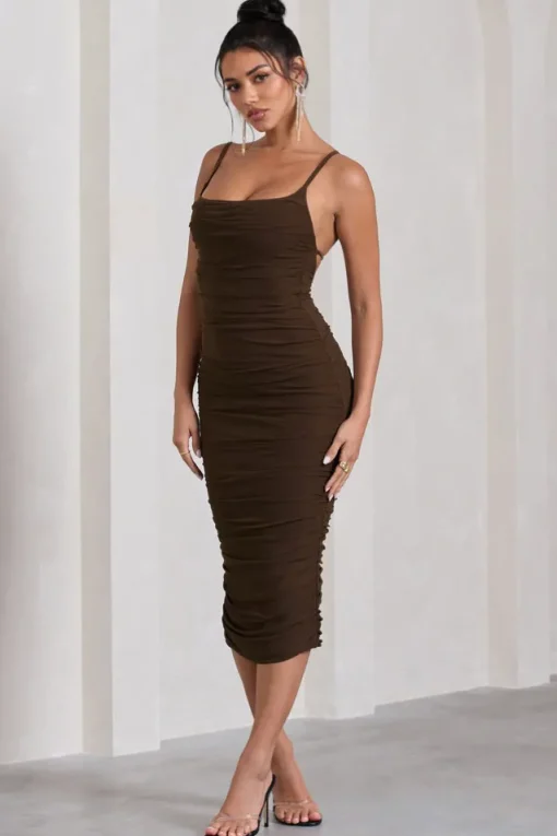 Bree | Chocolate Ruched Mesh Strappy Bodycon Midi Dress