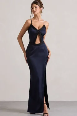 Brescia | Navy Satin Cut-Out Maxi Dress With Lace Trim