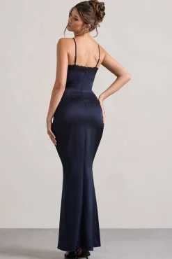 Brescia | Navy Satin Cut-Out Maxi Dress With Lace Trim