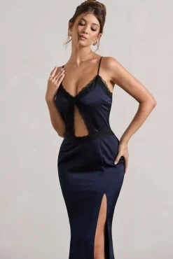 Brescia | Navy Satin Cut-Out Maxi Dress With Lace Trim