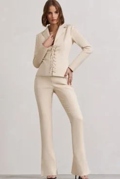 Brianca | Stone High-Waisted Split Wide-Leg Trousers