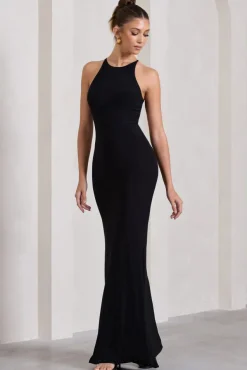Brianna | Black Sleeveless Halter-Neck Open-Back Maxi Dress
