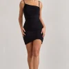 Brightest | Black Ruched Strappy Asymmetric Bodycon Mini Dress