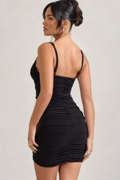 Brightest | Black Ruched Strappy Asymmetric Bodycon Mini Dress