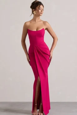 Brigitte | Hot Pink Strapless Corset Wrap Maxi Dress