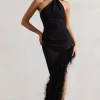 Brilliance | Black Asymmetric Maxi Dress With Feather Trim