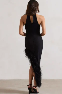 Brilliance | Black Asymmetric Maxi Dress With Feather Trim