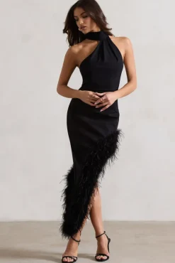 Brilliance | Black Asymmetric Maxi Dress With Feather Trim