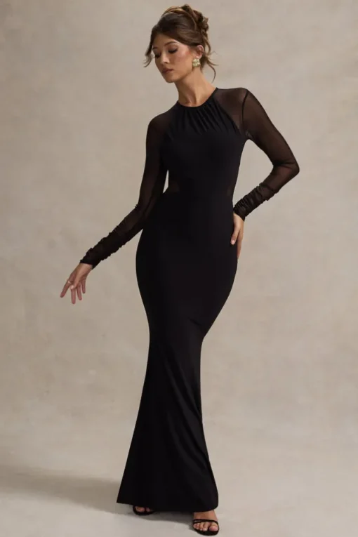 Brittany | Black Mesh Insert Maxi Dress