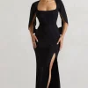 Broadway | Black Embellished Fishtail Maxi Dress With Cape Sleeves