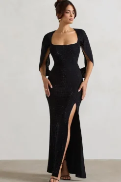 Broadway | Black Embellished Fishtail Maxi Dress With Cape Sleeves