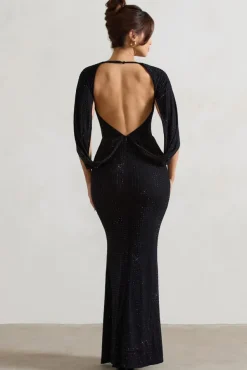 Broadway | Black Embellished Fishtail Maxi Dress With Cape Sleeves