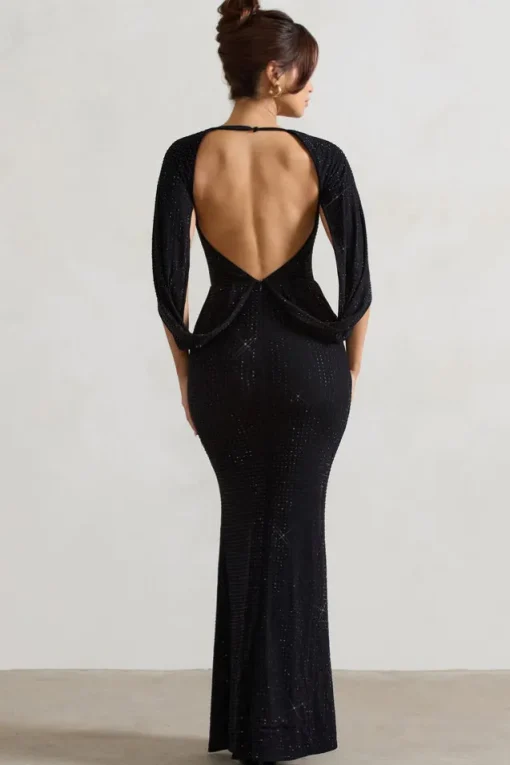 Broadway | Black Embellished Fishtail Maxi Dress With Cape Sleeves