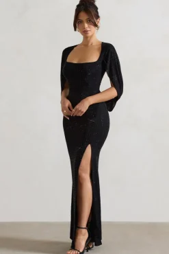 Broadway | Black Embellished Fishtail Maxi Dress With Cape Sleeves