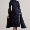 Brogan | Navy Satin High-Neck Midi Dress With Cape Sleeves
