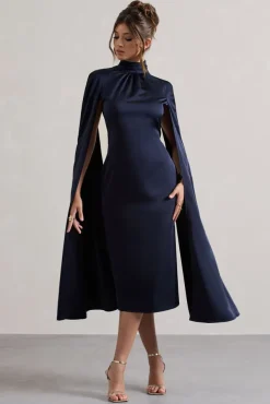 Brogan | Navy Satin High-Neck Midi Dress With Cape Sleeves