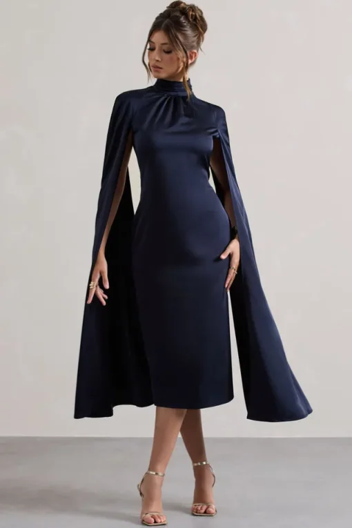 Brogan | Navy Satin High-Neck Midi Dress With Cape Sleeves