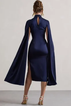 Brogan | Navy Satin High-Neck Midi Dress With Cape Sleeves