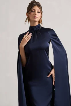 Brogan | Navy Satin High-Neck Midi Dress With Cape Sleeves