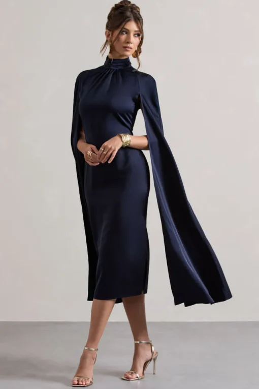 Brogan | Navy Satin High-Neck Midi Dress With Cape Sleeves