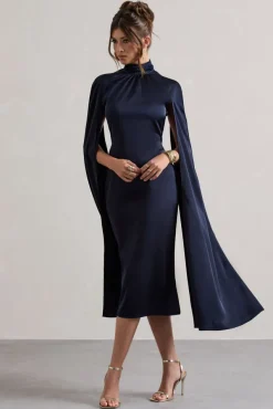 Brogan | Navy Satin High-Neck Midi Dress With Cape Sleeves