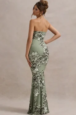 Buena | Olive Floral Print Strapless Gathered Maxi Dress With Split