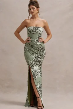 Buena | Olive Floral Print Strapless Gathered Maxi Dress With Split