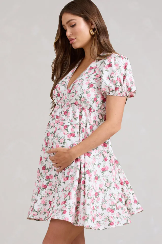 By The Cypress | Pink Floral Maternity V-Neck Puff-Sleeved Buttoned Mini Dress