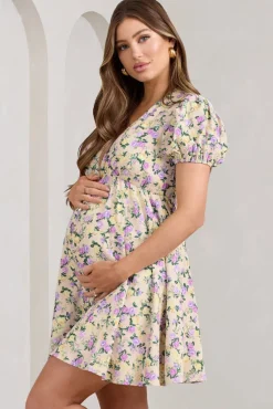 By The Cypress | Yellow Floral Maternity V-Neck Puff-Sleeved Buttoned Mini Dress